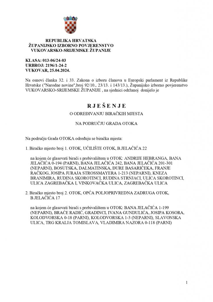 Rješenje o određivanju biračkih mjesta na izboru članova u Europski parlament iz Republike Hrvatske za  područje Grada Otoka