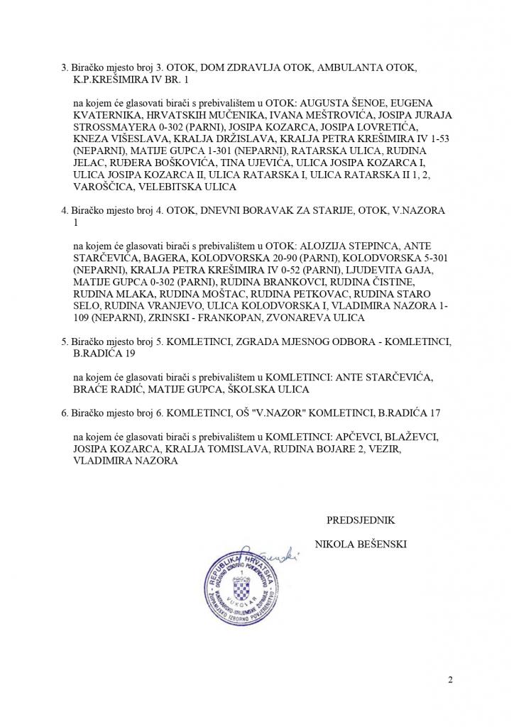 Rješenje o određivanju biračkih mjesta na izboru članova u Europski parlament iz Republike Hrvatske za  područje Grada Otoka