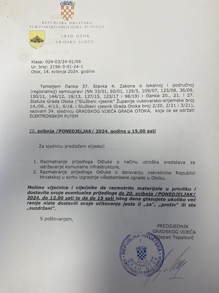 34. sjednica Gradskog vijeća Grada Otoka